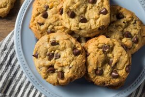 plate of chocolate chip almond cookies