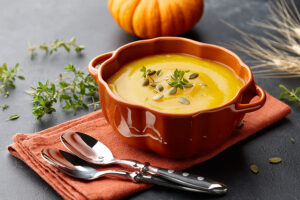 orange pumpkin soup in orange bowl