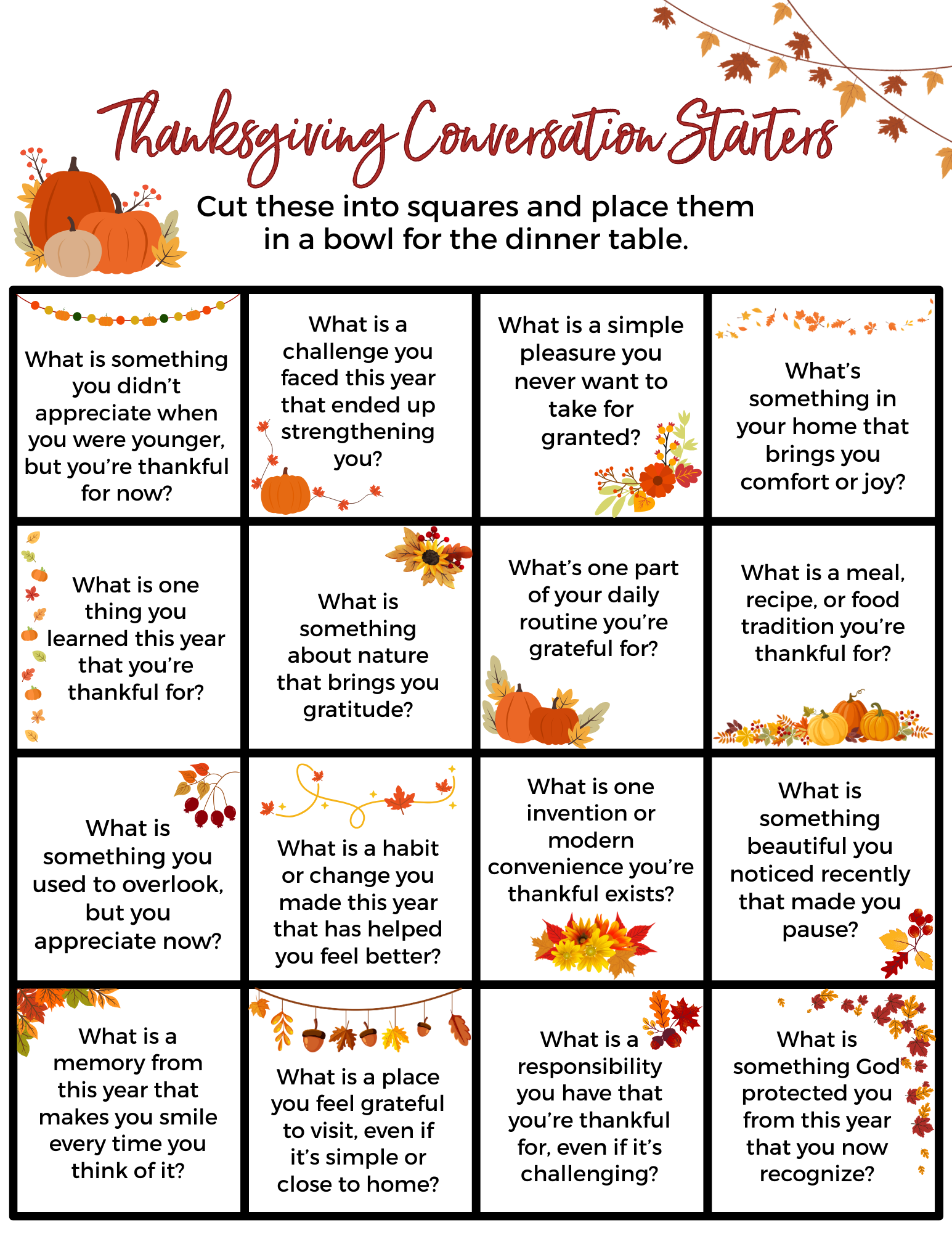 Thanksgiving  Gratitude Conversation Starters 