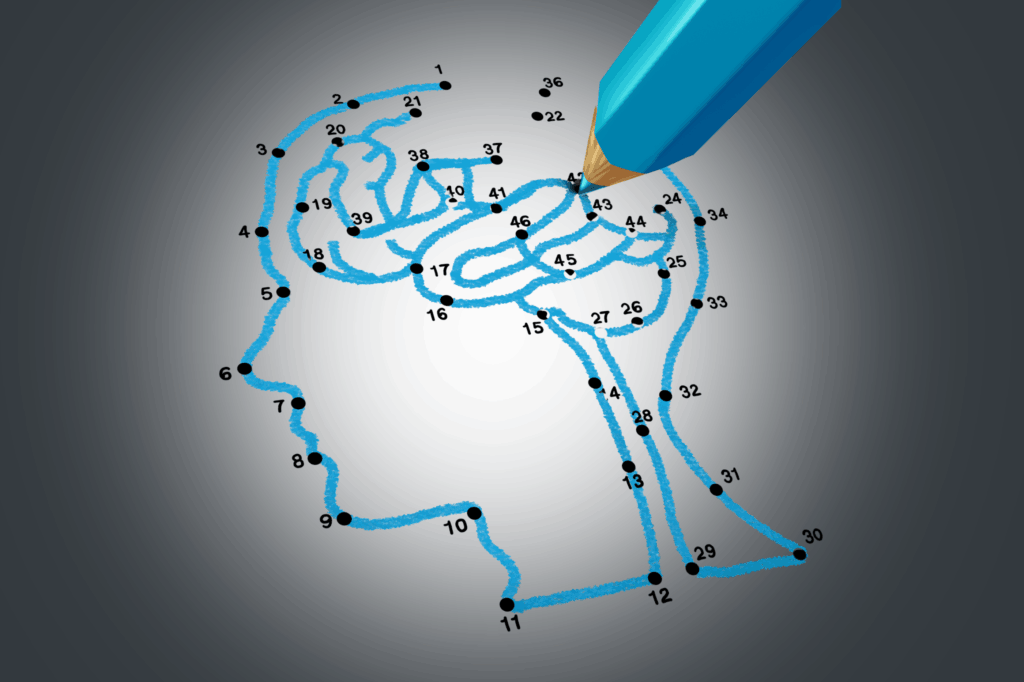 Brain dot-to-dot signifying Alzheimer's prevention and healing.