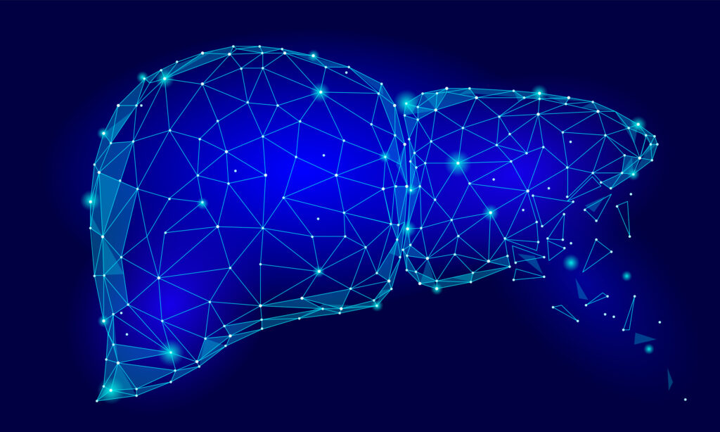 Blue dot connected picture of a liver to imply liver and brain health connection.
